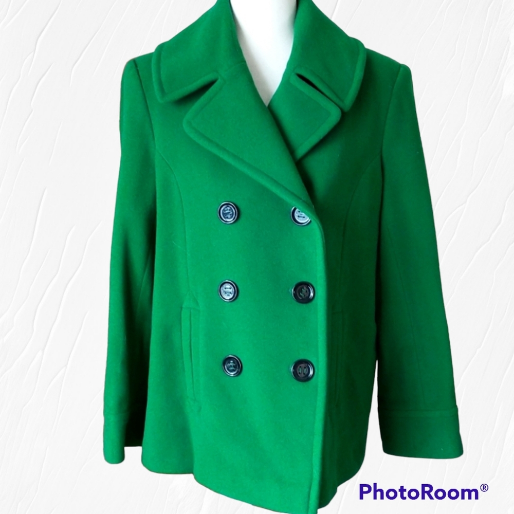 Tommy Hilfiger pea coat kelly emerald green double breasted lapels wool size 12